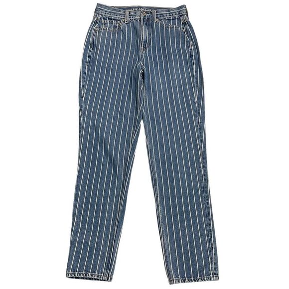 AMERICAN EAGLE OUTFITTERS blue vertical stripe Mom Jeans high rise sz 2 Regular - Picture 2 of 7